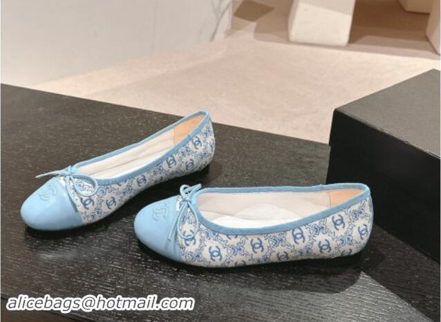 Grade Chanel Classic Embroidered Canvas & Calfskin Ballet Flat with Bow Light Blue 017019