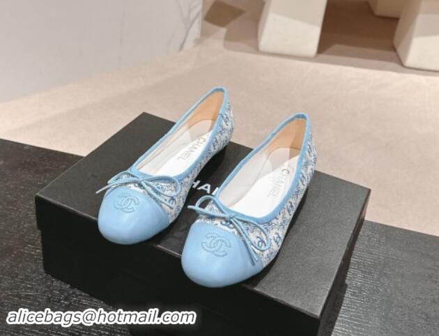 Grade Chanel Classic Embroidered Canvas & Calfskin Ballet Flat with Bow Light Blue 017019