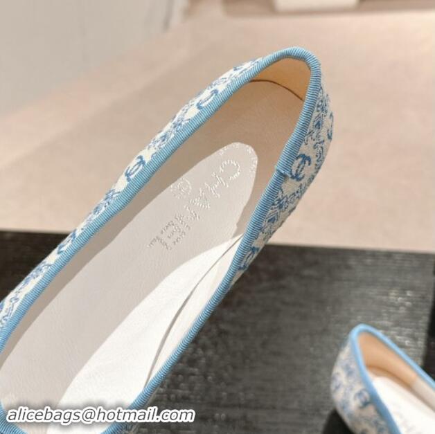 Grade Chanel Classic Embroidered Canvas & Calfskin Ballet Flat with Bow Light Blue 017019