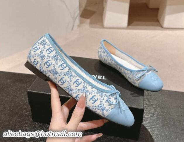 Grade Chanel Classic Embroidered Canvas & Calfskin Ballet Flat with Bow Light Blue 017019