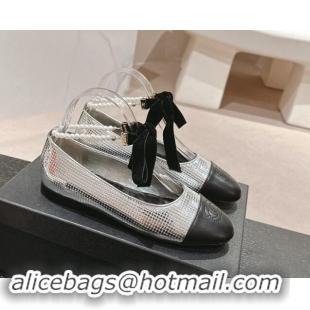 Discount Fashion Chanel Embossed Calfskin Ballet Flat with Pearls Laces Silver 1017021