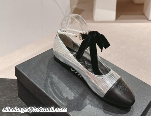 Discount Fashion Chanel Embossed Calfskin Ballet Flat with Pearls Laces Silver 1017021