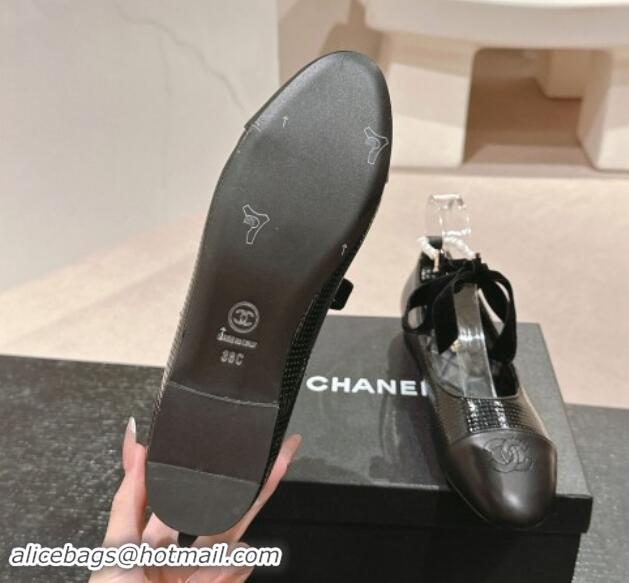 Grade Quality Chanel Embossed Calfskin Ballet Flat with Pearls Laces Black 1017022