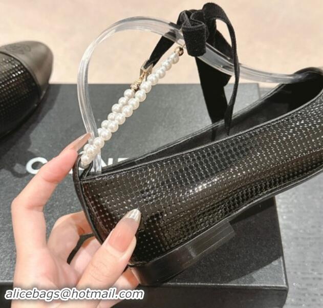 Grade Quality Chanel Embossed Calfskin Ballet Flat with Pearls Laces Black 1017022