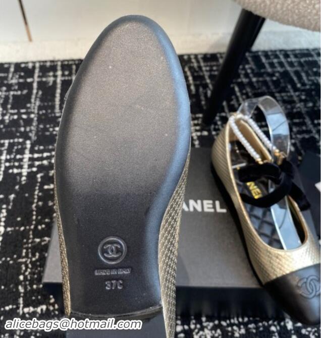 Unique Style Chanel Embossed Calfskin Ballet Flat with Pearls Laces Gold 1017023