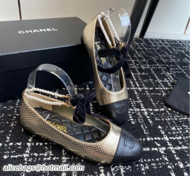 Unique Style Chanel Embossed Calfskin Ballet Flat with Pearls Laces Gold 1017023