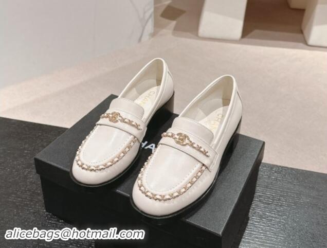 Best Grade Chanel Calfskin Loafers with Chain White 1017025