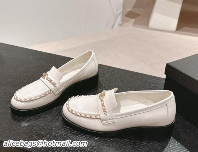 Best Grade Chanel Calfskin Loafers with Chain White 1017025