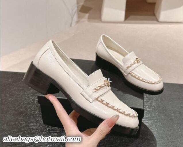 Best Grade Chanel Calfskin Loafers with Chain White 1017025