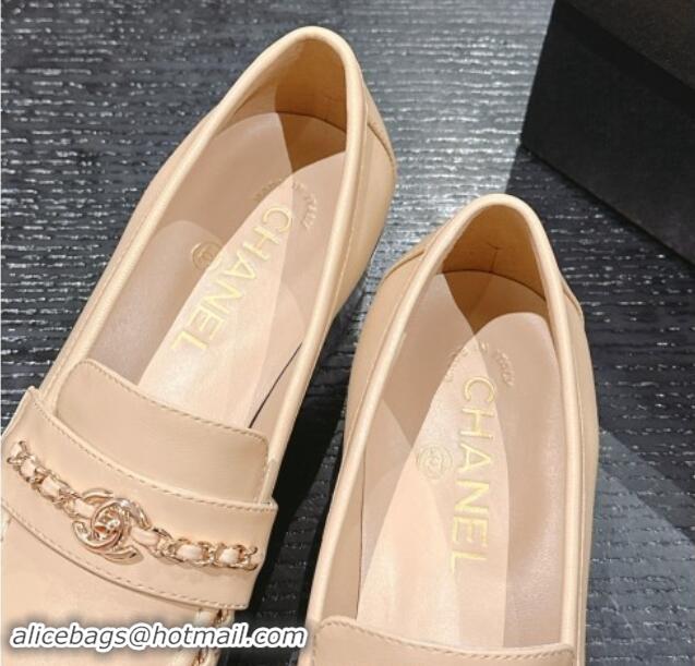 Best Price Chanel Calfskin Loafers with Chain Beige 1017026