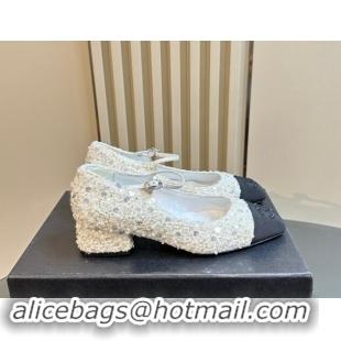 Good Quality Chanel Tweed, Sequins & Grosgrain Mary Janes Pumps White 1017028