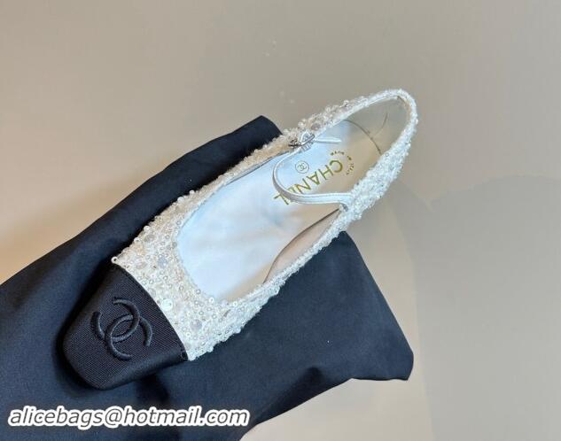 Good Quality Chanel Tweed, Sequins & Grosgrain Mary Janes Pumps White 1017028