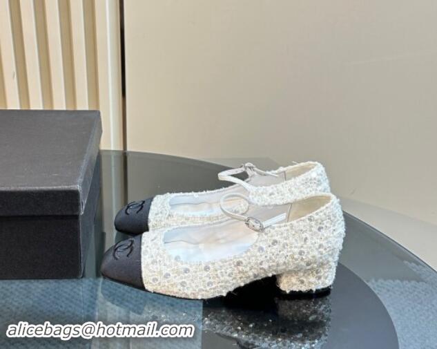 Good Quality Chanel Tweed, Sequins & Grosgrain Mary Janes Pumps White 1017028