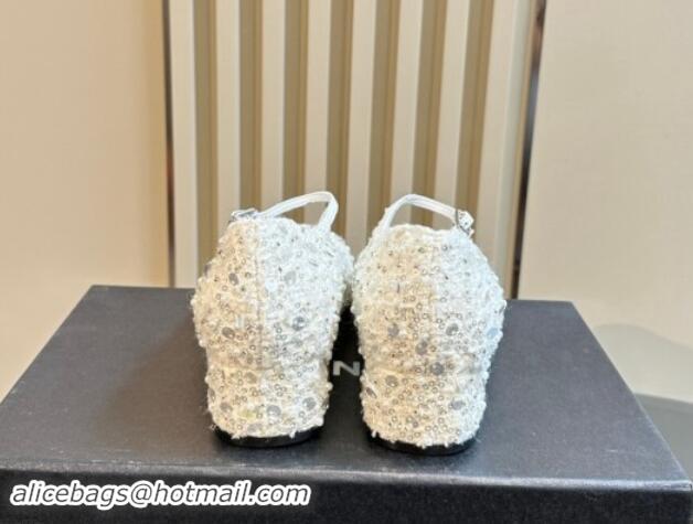 Good Quality Chanel Tweed, Sequins & Grosgrain Mary Janes Pumps White 1017028