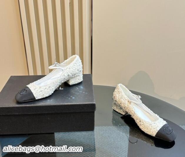 Good Quality Chanel Tweed, Sequins & Grosgrain Mary Janes Pumps White 1017028