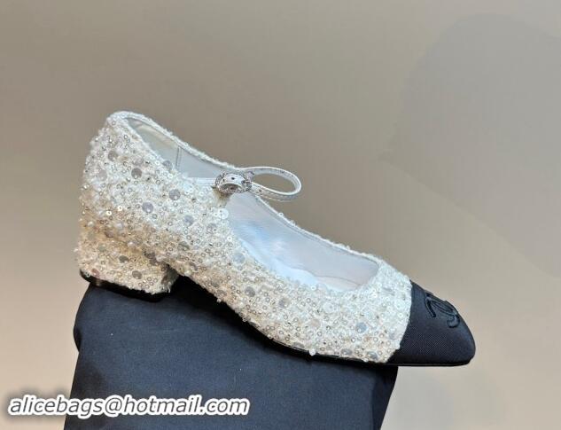 Good Quality Chanel Tweed, Sequins & Grosgrain Mary Janes Pumps White 1017028