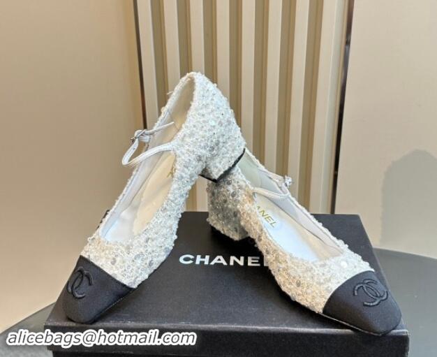 Good Quality Chanel Tweed, Sequins & Grosgrain Mary Janes Pumps White 1017028