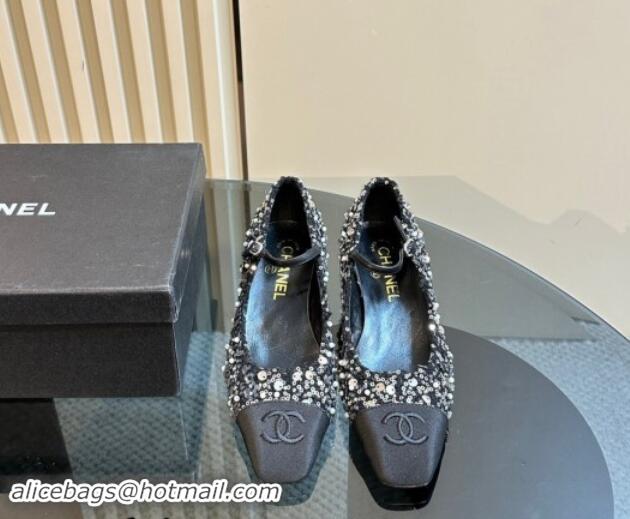 Top Design Chanel Tweed, Sequins & Grosgrain Mary Janes Pumps Black 1017029