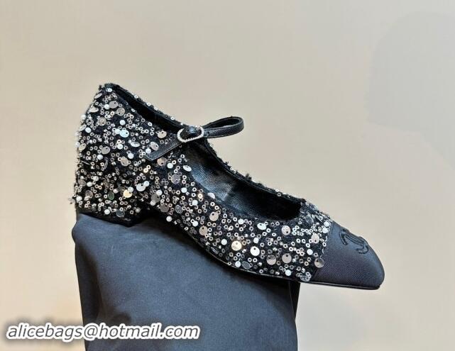 Top Design Chanel Tweed, Sequins & Grosgrain Mary Janes Pumps Black 1017029