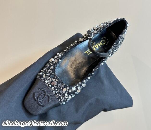 Top Design Chanel Tweed, Sequins & Grosgrain Mary Janes Pumps Black 1017029