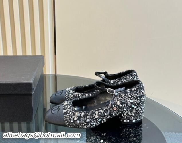 Top Design Chanel Tweed, Sequins & Grosgrain Mary Janes Pumps Black 1017029