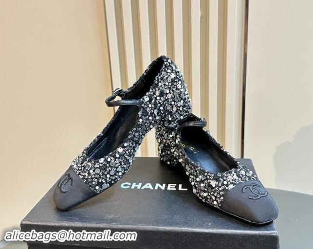 Top Design Chanel Tweed, Sequins & Grosgrain Mary Janes Pumps Black 1017029