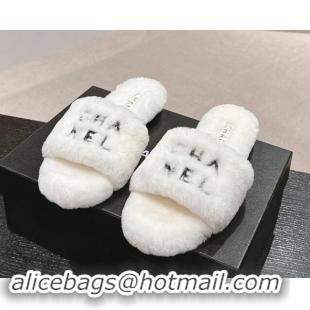 Good Looking Chanel Wool Fur Flat Slides Sandal with Letters White 1017030