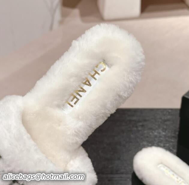 Good Looking Chanel Wool Fur Flat Slides Sandal with Letters White 1017030