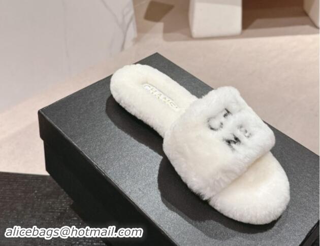 Good Looking Chanel Wool Fur Flat Slides Sandal with Letters White 1017030