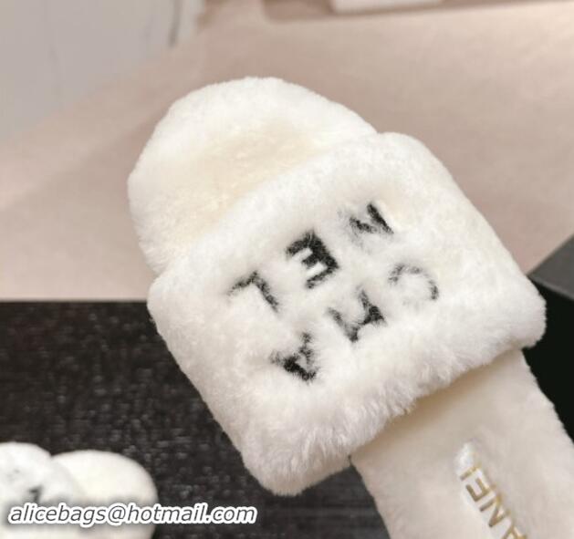 Good Looking Chanel Wool Fur Flat Slides Sandal with Letters White 1017030