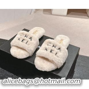 Classic Hot Chanel Wool Fur Flat Slides Sandal with Letters Beige 1017031