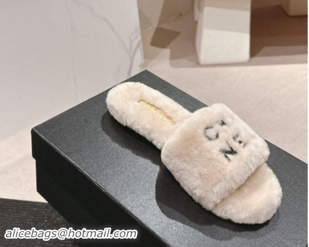 Classic Hot Chanel Wool Fur Flat Slides Sandal with Letters Beige 1017031