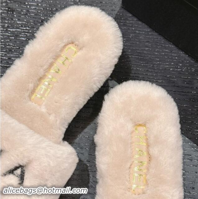 Classic Hot Chanel Wool Fur Flat Slides Sandal with Letters Beige 1017031