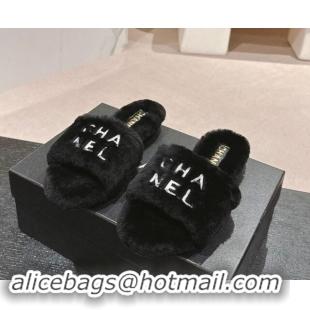 Low Price Chanel Wool Fur Flat Slides Sandal with Letters Black 1017032