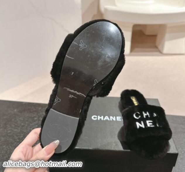 Low Price Chanel Wool Fur Flat Slides Sandal with Letters Black 1017032