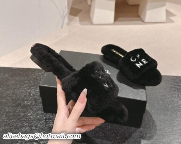 Low Price Chanel Wool Fur Flat Slides Sandal with Letters Black 1017032