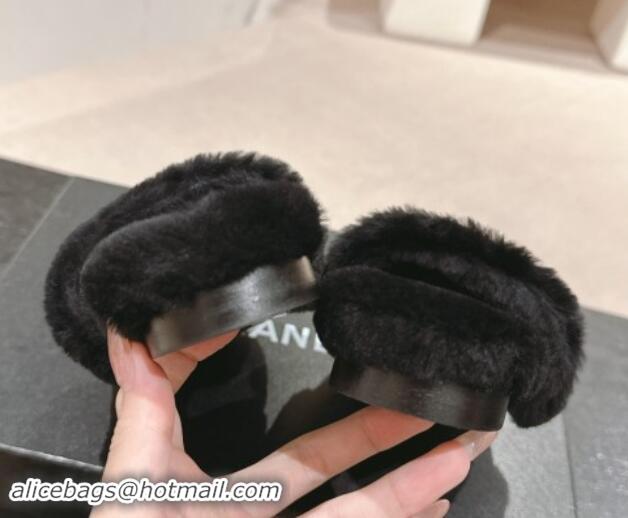 Low Price Chanel Wool Fur Flat Slides Sandal with Letters Black 1017032