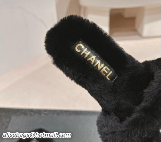 Low Price Chanel Wool Fur Flat Slides Sandal with Letters Black 1017032