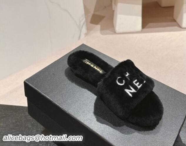 Low Price Chanel Wool Fur Flat Slides Sandal with Letters Black 1017032