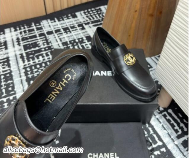 Lowest Cost Chanel Calfskin Leather Loafers with Circle CC Black 1017034