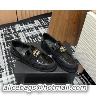 AAAAA Chanel Patent Calfskin & Suede Loafers with Circle CC Black 1017035