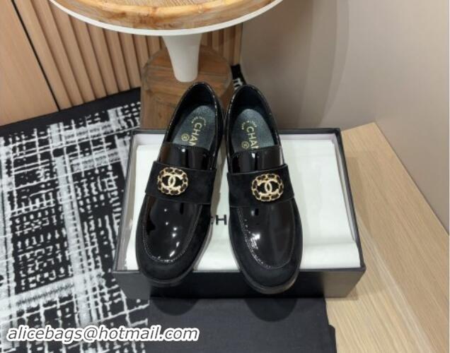 AAAAA Chanel Patent Calfskin & Suede Loafers with Circle CC Black 1017035