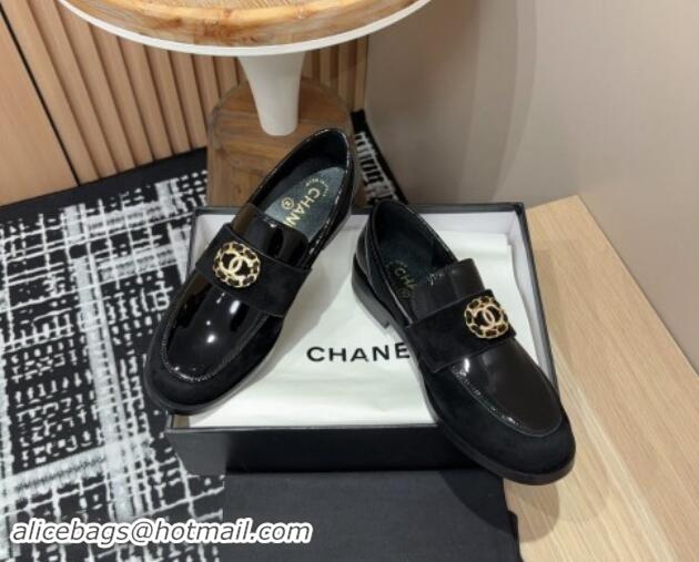 AAAAA Chanel Patent Calfskin & Suede Loafers with Circle CC Black 1017035