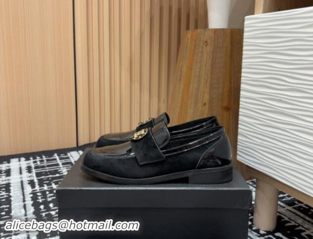 AAAAA Chanel Patent Calfskin & Suede Loafers with Circle CC Black 1017035