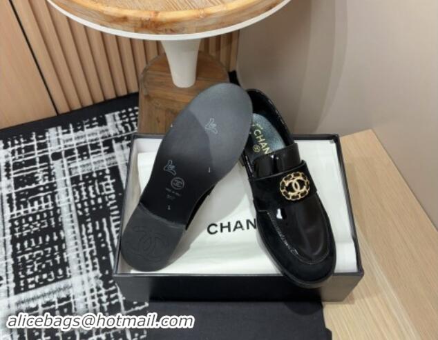 AAAAA Chanel Patent Calfskin & Suede Loafers with Circle CC Black 1017035