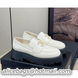 Perfect Chanel Quilted Oil Calfskin Platform Loafers 4.5cm with Chain CC White 1017037