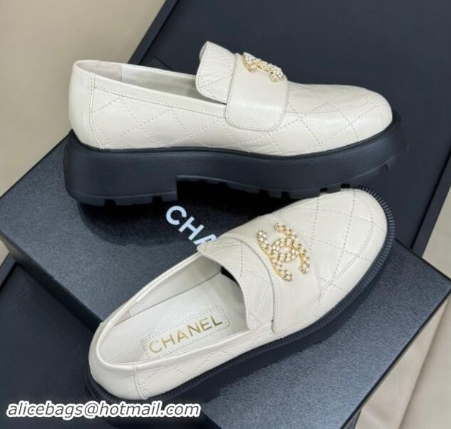 Perfect Chanel Quilted Oil Calfskin Platform Loafers 4.5cm with Chain CC White 1017037