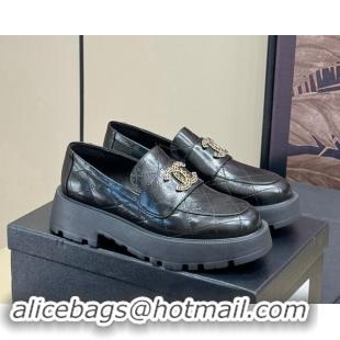 Low Cost Chanel Quilted Oil Calfskin Platform Loafers 4.5cm with Chain CC Black 1017038