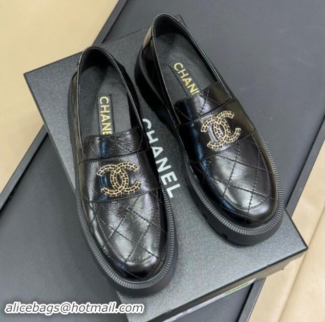 Low Cost Chanel Quilted Oil Calfskin Platform Loafers 4.5cm with Chain CC Black 1017038