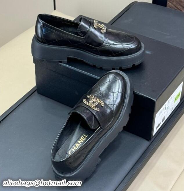 Low Cost Chanel Quilted Oil Calfskin Platform Loafers 4.5cm with Chain CC Black 1017038